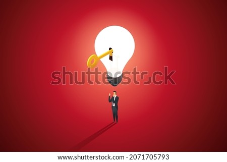 Unlocking ideas creativity new invention strategy idea business development. Businessman under light bulb with unlocked golden key.  isometric vector illustration.