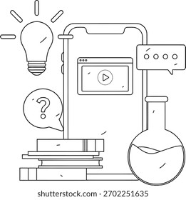 Video Desbloquear el conocimiento y la innovación a través del aprendizaje digital moderno, cuestionando ideas y la exploración científica con una bombilla y un teléfono brillantes