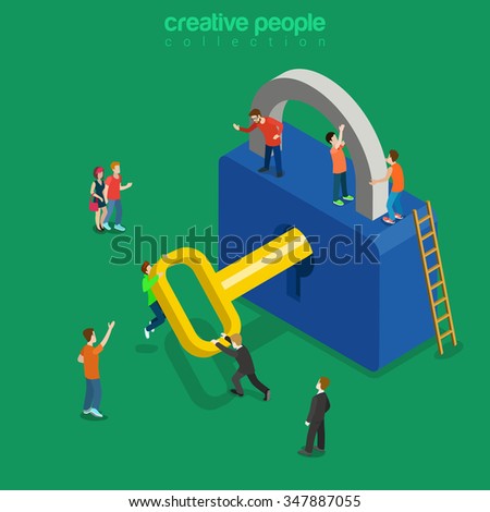 Unlocking lock process flat 3d isometry isometric personal data security decryption login log in entrance concept web vector illustration. Creative technology people collection.