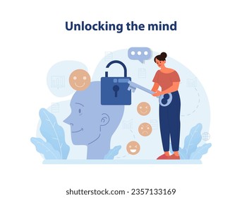 Unlocking the mind. Mental and psychological phenomenon or condition. Cognitive perceptions, mindfulness and open-mindedness. Internal personality learning process. Flat vector illustration