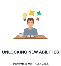 Desbloqueando el icono plano de Nuevas funcionalidades. Signo de color de la colección de personalidades. Ilustración de icono de Creative Unlocking New Abilis para diseño web, infografías y más
