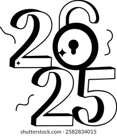 unlocking new opportunities in two thousand twenty-five vector icon design2025 welcome sign festive holiday season symbol new year , zero changing into padlock Twenty Twenty Five greeting card concept