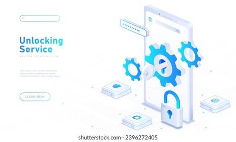 Unlocking service white poster. Smartphone with coghweels and padlock. Access for personal data. Landing page design. Cartoon isometric vector illustration isolated on white background