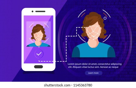 Unlocking smartphone with biometric facial identification, facial recognition system concept