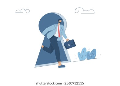 Unlocking the solution, Discovering key business opportunities, Businessman is running out of a keyhole door, Keys to Career and Business Potential, Flat vector design illustration.