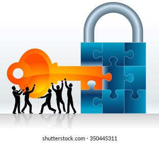 Unlocking Solution-Business concept of teamwork security