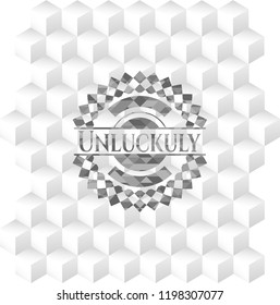 Unluckily grey emblem with geometric cube white background