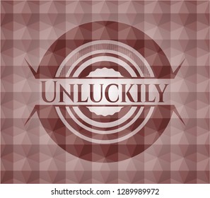Unluckily red emblem or badge with abstract geometric pattern background. Seamless.