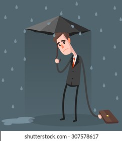 Unlucky businessman being wet from raining instead he holding umbrella, misfortune or in trouble concept.