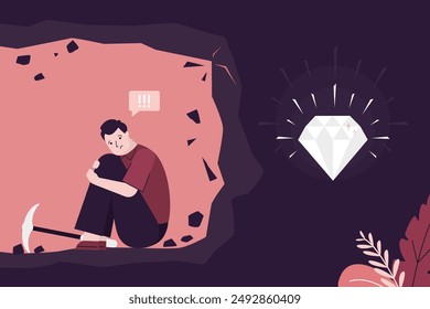 Unlucky businessman cannot reach diamond. Unsuccessful entrepreneur does not get rich, missed opportunities, mistakes and failure. Loser sits without money and benefits. Give up. vector illustration