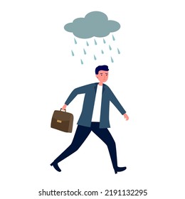 Unlucky Businessman Get Wet Under Rain In Flat Design On White Background. Bad Luck Concept Vector Illustration.