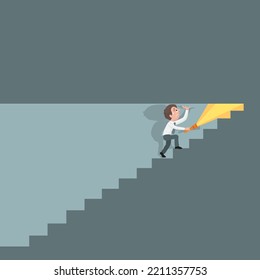 Unlucky businessman going up stairs to find a narrow closed way, The wrong way concept, illustrator vector cartoon drawing