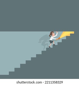 Unlucky businesswoman going up stairs to find a narrow closed way, The wrong way concept, illustrator vector cartoon drawing