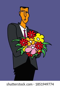 Unlucky date. Man with a bouquet of flowers waiting for his girlfriend. Vector image for illustrations.