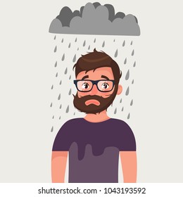 Unlucky man with bad mood under rain. Vector illustration in cartoon style