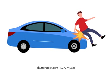 Unlucky Man Get Accident By Car Crash In Flat Design On White Background.
