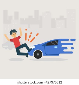 Unlucky man get accident by car crash on the road. Transportation concept illustration.