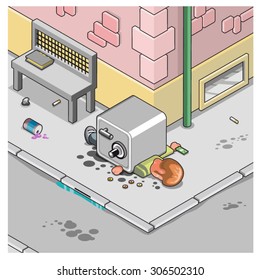 Unlucky man hit by a safe on a walkway (isometric illustration)