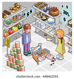 Unlucky man knocks over a full shopping cart and an bugged woman gives him an annoyed look in a supermarket(isometric illustration)