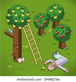 Unlucky man lying on the ground after he fell down a ladder an attempt to puck some apples (isometric illustration)