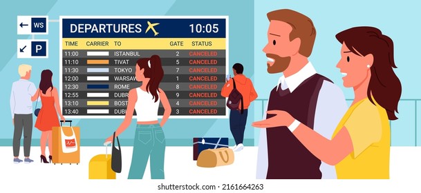 Unlucky passengers looking at board schedule with canceled flights vector illustration. Cartoon people standing with luggage in airport terminal, tourists with sad faces waiting for delay flight