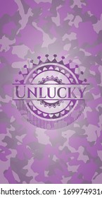 Unlucky pink and purple camouflage emblem. Vector Illustration. Detailed.