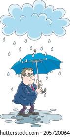 Unlucky sad man with an umbrella standing in a puddle under a rain cloud on a day for failure, vector cartoon illustration on a white background