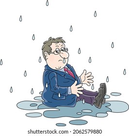 Unlucky, sad and wet businessman sitting in a puddle on a rainy day for failure, vector cartoon illustration on a white background