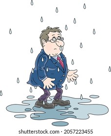 Unlucky, sad and wet man without an umbrella standing in a puddle on a rainy day for failure, vector cartoon illustration on a white background