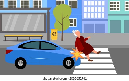 Unlucky senior woman get accident by car crash while crossing the street at crosswalk in flat design.