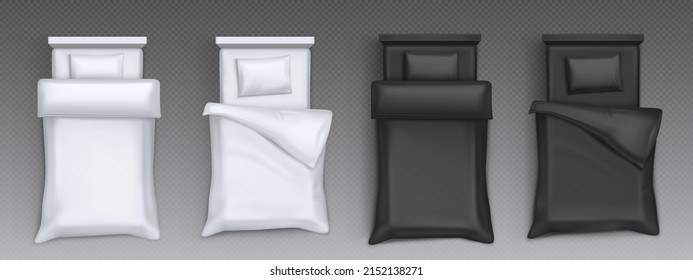 Camas sin construir con almohadas blancas y negras, manta y sábana. Vista vertical de los muebles 3d para dormir con colchón y ropa de cama en blanco aislados en un fondo transparente