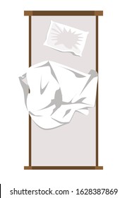 Unmade Messy And Empty Single Bed With Wrinkled Pillow And Sheet From Above. Vector Illustration.