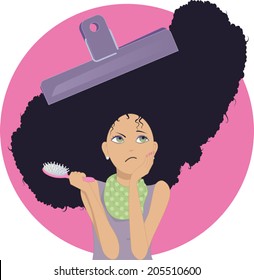 Unmanageable frizzy hair. Upset young woman with a chip clip on her frizzy hair and a hair brush, vector cartoon, no transparencies 