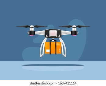 Unmanned aerial vehicle carrying square box package to customer. Safe no contact air delivery drone with two propellers isolated vector image. Innovative technologies in retail and shipment.