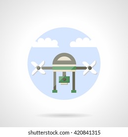 Unmanned aerial vehicle. Drone with camera for surveillance of territory monitoring. Flat style vector icon