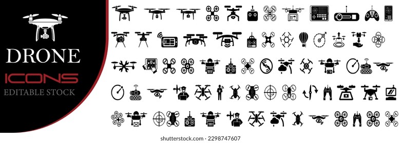 El conjunto de iconos de contorno de trazo editable del vehículo aéreo no tripulado (drone) incluye tecnología digital de drones, cámara, entrega, medicina, juguetes, robots de aeronaves espía, control remoto,