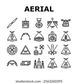 unmanned aerial vehicle drone uav icons set vector. quadcopter surveillance, reconnaissance mapping, delivery inspection, agriculture unmanned aerial vehicle drone uav black contour illustrations