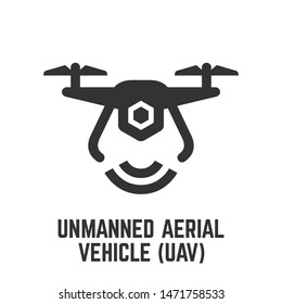 Unmanned Aerial Vehicle Icon With UAV Drone Or Aircraft Robot And Wireless Signal Glyph Symbol.