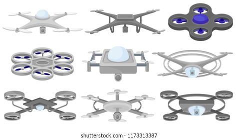 Unmanned aerial vehicles. Icons of flying drones. Modern technology. Electronics theme. Colorful vector illustrations in flat style isolated on white background.