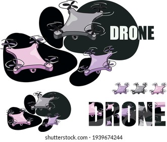 Unmanned aircraft, an unmanned aerial vehicle with propellers and a camera. The drone is pink, purple, and gray. Vector