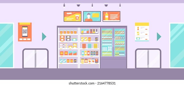 Unmanned convenience store interior: shelves and fridges with goods, AI cameras and sensors