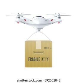 Unmanned drone with box of fragile cargo in realistic style design concept isolated vector illustration