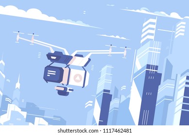 Unmanned drone courier fly delivers parcel to city. Vector illustration