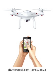 Unmanned drone and smartphone with  navigation app in human hands realistic concept vector illustration
