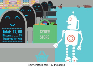 Unmanned Future Store Managing By Artificial Intelligence And Robotic Process Automation. Retro Robot Doing Shopping.Vector Format.