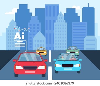 Unmanned ground vehicle on road among cars with drivers. Vector illustration. Traffic in big modern city. Introduction of driverless cars, traffic, artificial intelligence concept