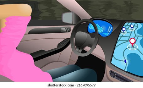 The unmanned intelligent car drives along the highway while the happy passenger rests. Girl driver relaxes behind the wheel. Vector isolated illustration.