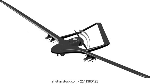 Unmanned military dark bomber bayraktar; Vector black silhouette of a fighter automatic smart drone with white background;  Aerial vehile in Ukrainian army