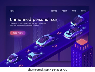 Unmanned Personal Car Neon Banner. People Safe Driverless Artificial Intelligent Auto Transport System.Vehicles with Automated Radar GPS Detector, Modern Advanced Car. Isometric 3d Vector Illustration