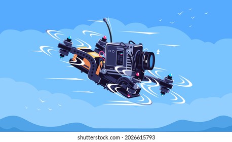 Unmanned quadcopter with action camera. Unmanned aerial vehicle with a camera. Video camera on an unmanned quadcopter. Speed dron with camera in style vector on blue background. Vector illustration